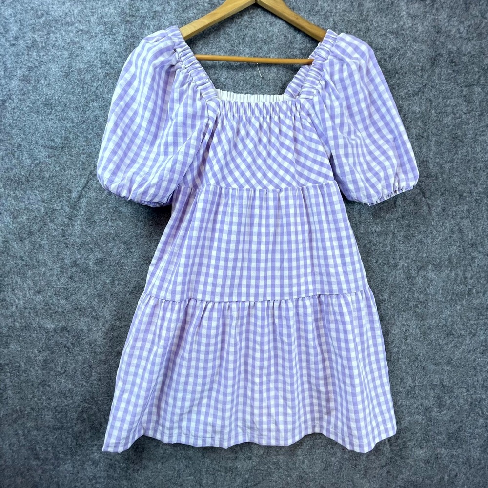 English Factory Babydoll Dress Womens XS Lilac Gingham‎ Plaid Square Neck Tiered